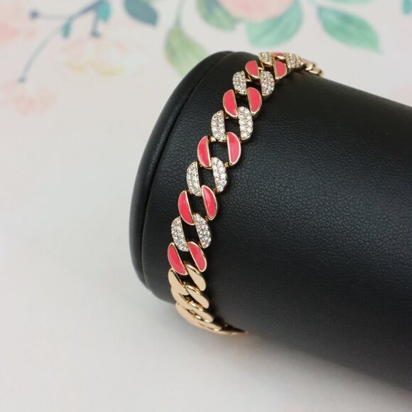 Rose Gold Bracelet with Red Enamel and Crystal Pave Links, XPBL0728 - Picture 9 of 12